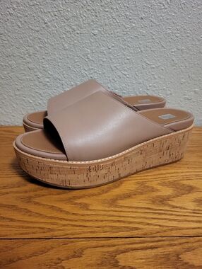 fitflop Beige Eloise Cork-Wrap Leather Wedge Slides Size 10